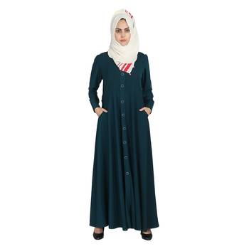 Premium Quality Creep/ Koshibo fabric Cuff Sleeves Umbrella type Abaya front Show buttons   With Hijab (Teal Green) 2