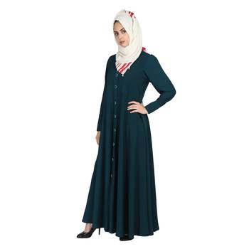 Premium Quality Creep/ Koshibo fabric Cuff Sleeves Umbrella type Abaya front Show buttons   With Hijab (Teal Green) 3
