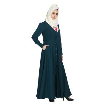 Premium Quality Creep/ Koshibo fabric Cuff Sleeves Umbrella type Abaya front Show buttons   With Hijab (Teal Green) 4