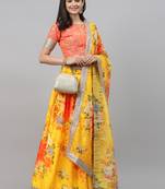 Engrossing Yellow Floral Designer Lehenga with rich embroidered Peach Blouse and Dupatta