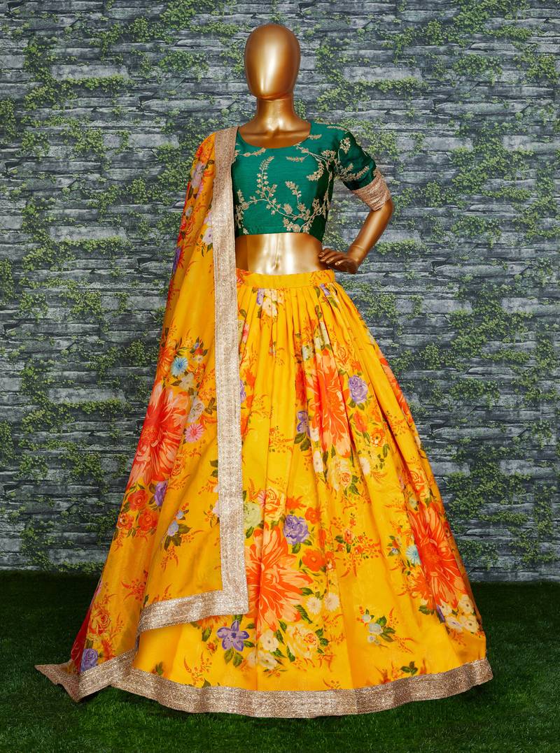 Yellow Floral Organza Lehenga with Green Embroidered Choli