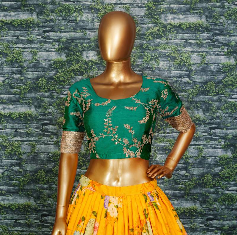 Yellow Floral Organza Lehenga with Green Embroidered Choli