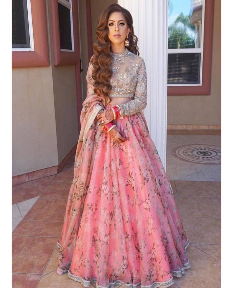 Gorgeous Pink Floral Print Organza Wedding Bridal Lehenga Choli