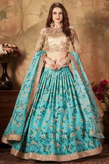 Gorgeous Blue Floral Print Organza Wedding Bridal Lehenga Choli with Dupatta