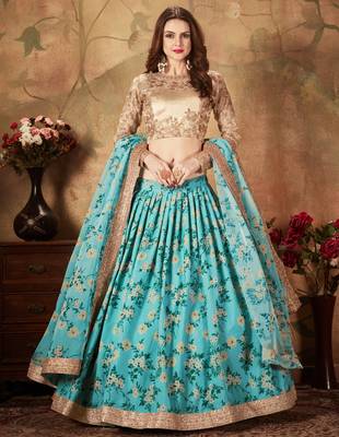 Gorgeous Blue Floral Print Organza Wedding Bridal Lehenga Choli with Dupatta 1