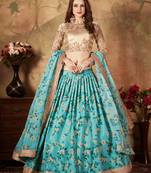 Gorgeous Blue Floral Print Organza Wedding Bridal Lehenga Choli with Dupatta