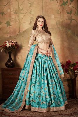 Gorgeous Blue Floral Print Organza Wedding Bridal Lehenga Choli with Dupatta 3