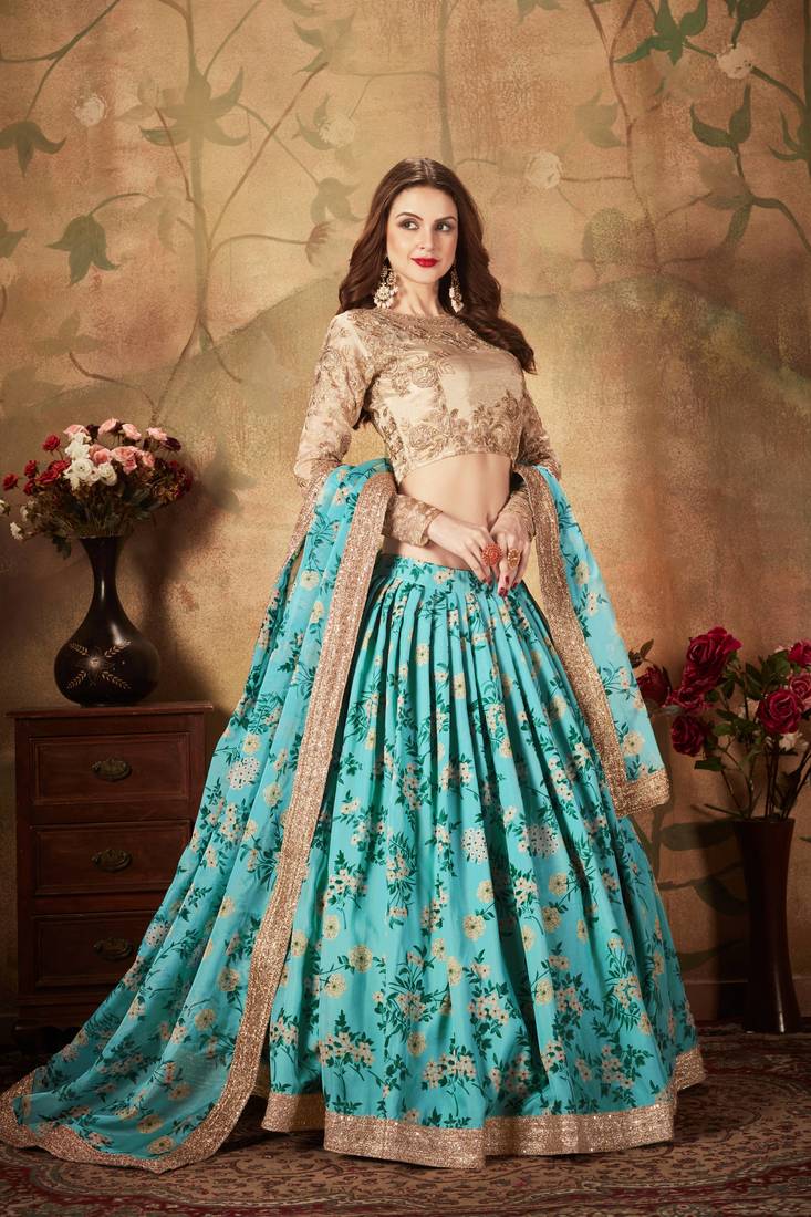 Gorgeous Blue Floral Print Organza Wedding Bridal Lehenga Choli with Dupatta