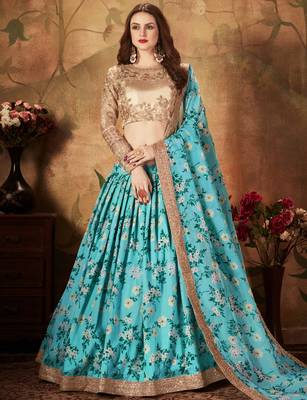 Gorgeous Blue Floral Print Organza Wedding Bridal Lehenga Choli with Dupatta 4