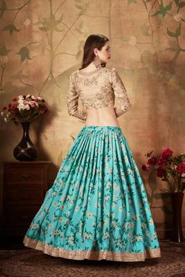 Gorgeous Blue Floral Print Organza Wedding Bridal Lehenga Choli with Dupatta 5