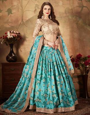Gorgeous Blue Floral Print Organza Wedding Bridal Lehenga Choli with Dupatta 7