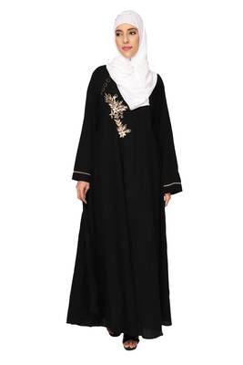  Ayeza Naqab ubmrella style abaya side button with embrodry Crepe Solid Abaya With Hijab (Black) 1
