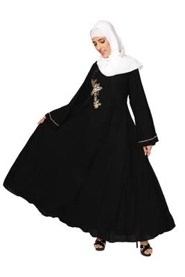  Ayeza Naqab ubmrella style abaya side button with embrodry Crepe Solid Abaya With Hijab (Black) 4