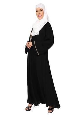  Ayeza Naqab ubmrella style abaya side button with embrodry Crepe Solid Abaya With Hijab (Black) 5