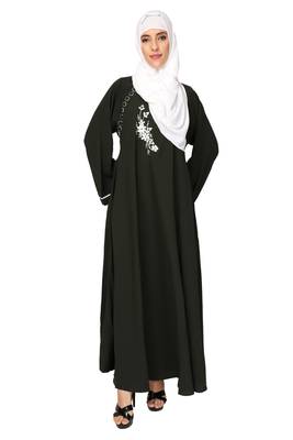  Ayeza Naqab ubmrella style abaya side button with embrodry Crepe Solid Abaya With Hijab (Mehdi green) 1