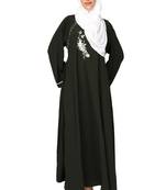  Ayeza Naqab ubmrella style abaya side button with embrodry Crepe Solid Abaya With Hijab (Mehdi green)