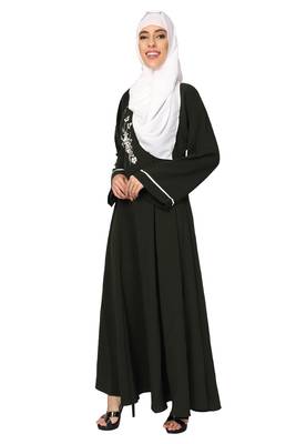  Ayeza Naqab ubmrella style abaya side button with embrodry Crepe Solid Abaya With Hijab (Mehdi green) 5