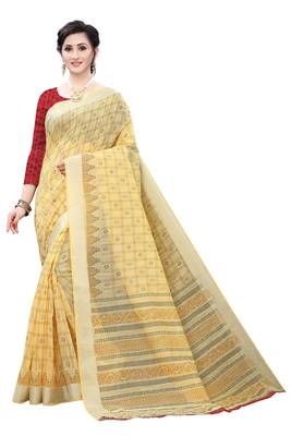 Yellow printed cotton silk saree with blouse 1
