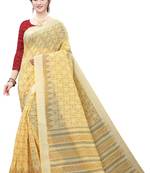 Yellow printed cotton silk saree with blouse
