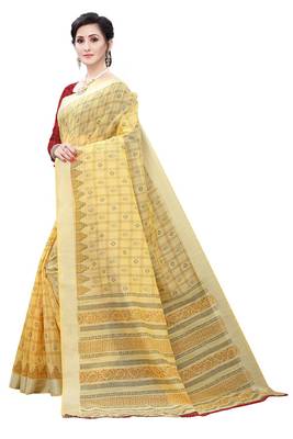 Yellow printed cotton silk saree with blouse 2