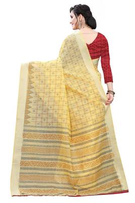 Yellow printed cotton silk saree with blouse 3
