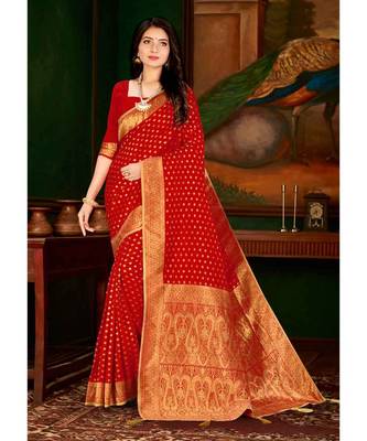 red jacquard woven saree with blouse 1