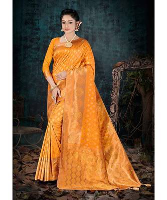 mustard jacquard woven saree with blouse 1