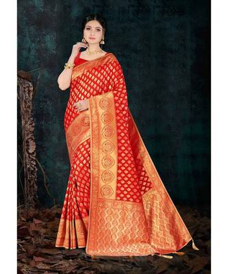 red jacquard woven saree with blouse 1