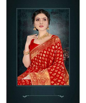 red jacquard woven saree with blouse 2