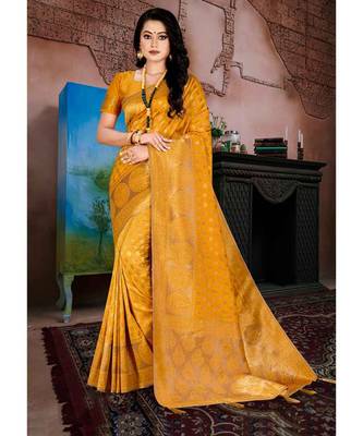mustard jacquard woven saree with blouse 1