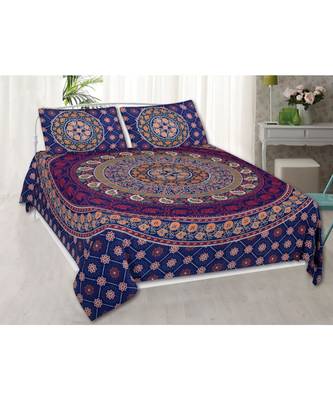 Cotton Printed Barmeri  Multicolour Double Bed Sheet With Pillow Cover 1