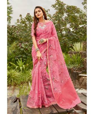 Light Pink Organza Digital Print Traditional Saree with blouse 1