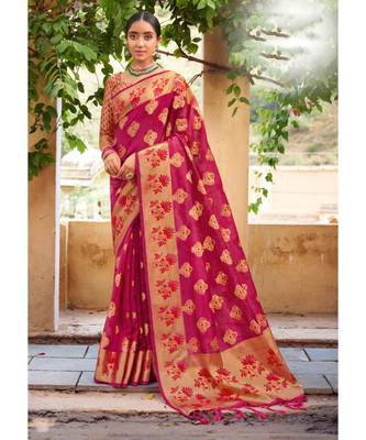 Pink Organza Woven Rich Pallu Work Traditional Tassle Saree with blouse 1