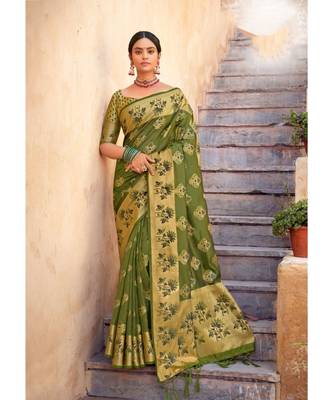 Green Organza Woven Rich Pallu Work Traditional Tassle Saree with blouse 1