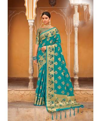 Sky Blue Organza Woven Rich Pallu Work Traditional Tassle Saree with blouse 1