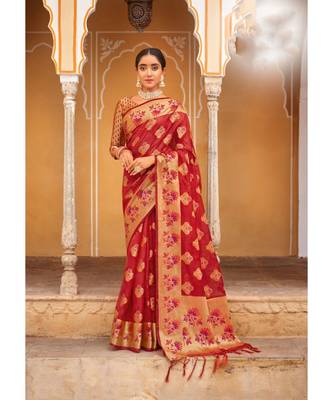 Maroon Organza Woven Rich Pallu Work Traditional Tassle Saree with blouse 1