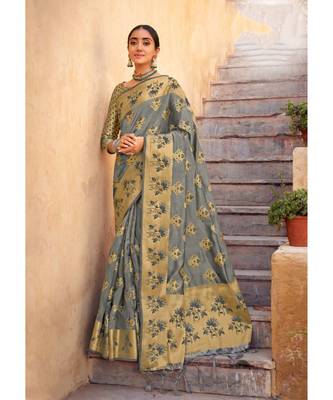 Grey Organza Woven Rich Pallu Work Traditional Tassle Saree with blouse 1
