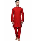 Red silk printed stitched   mens kurta