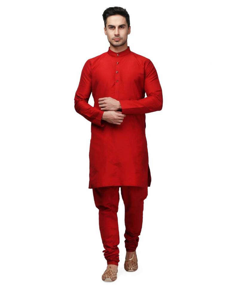 Red silk printed stitched   mens kurta