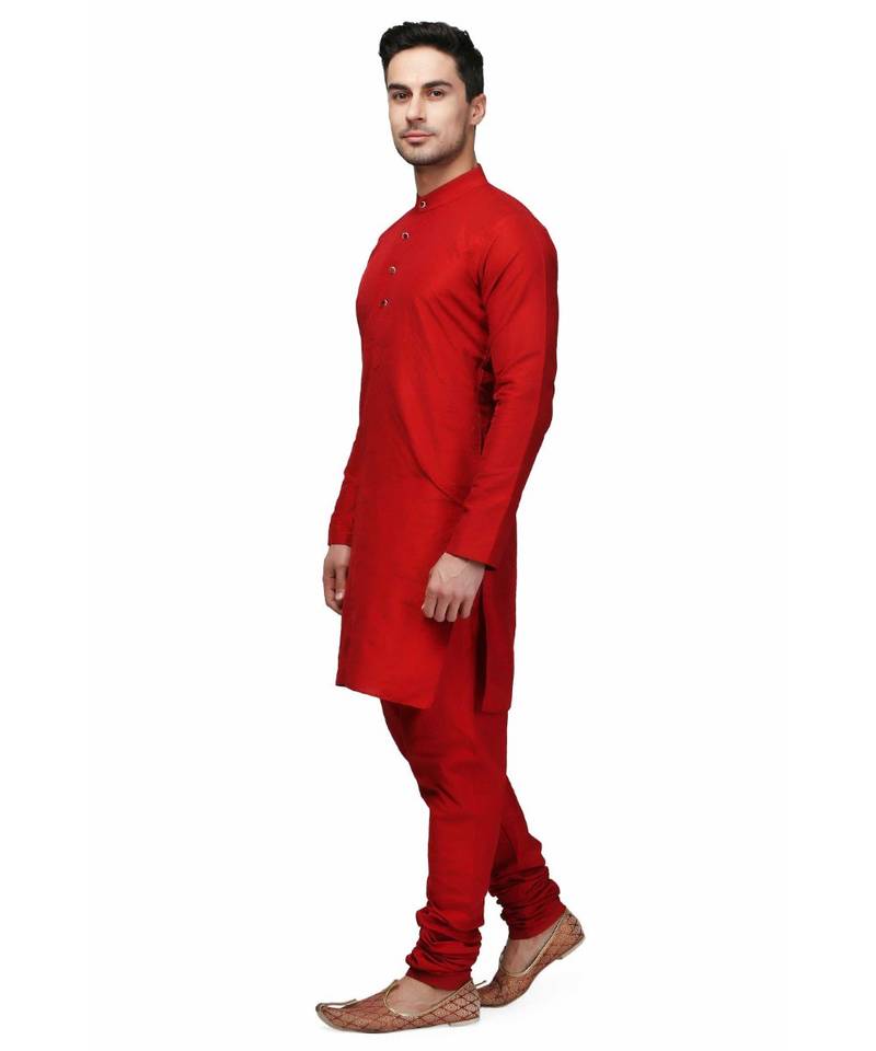 Red silk printed stitched   mens kurta