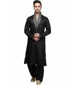 Black silk printed stitched   mens kurta
