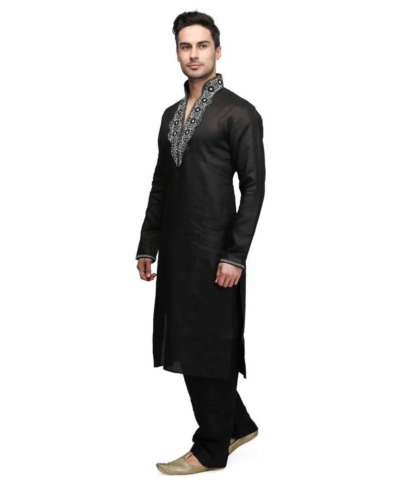 Black silk printed stitched   mens kurta