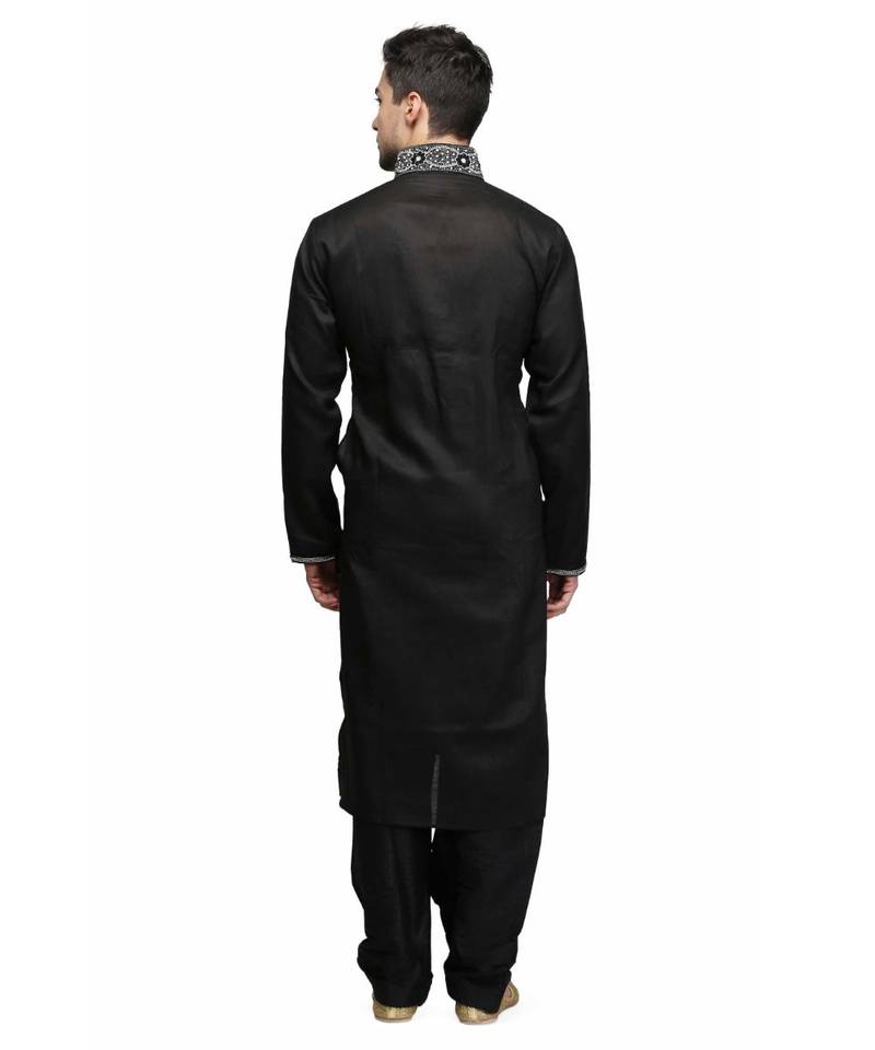 Black silk printed stitched   mens kurta
