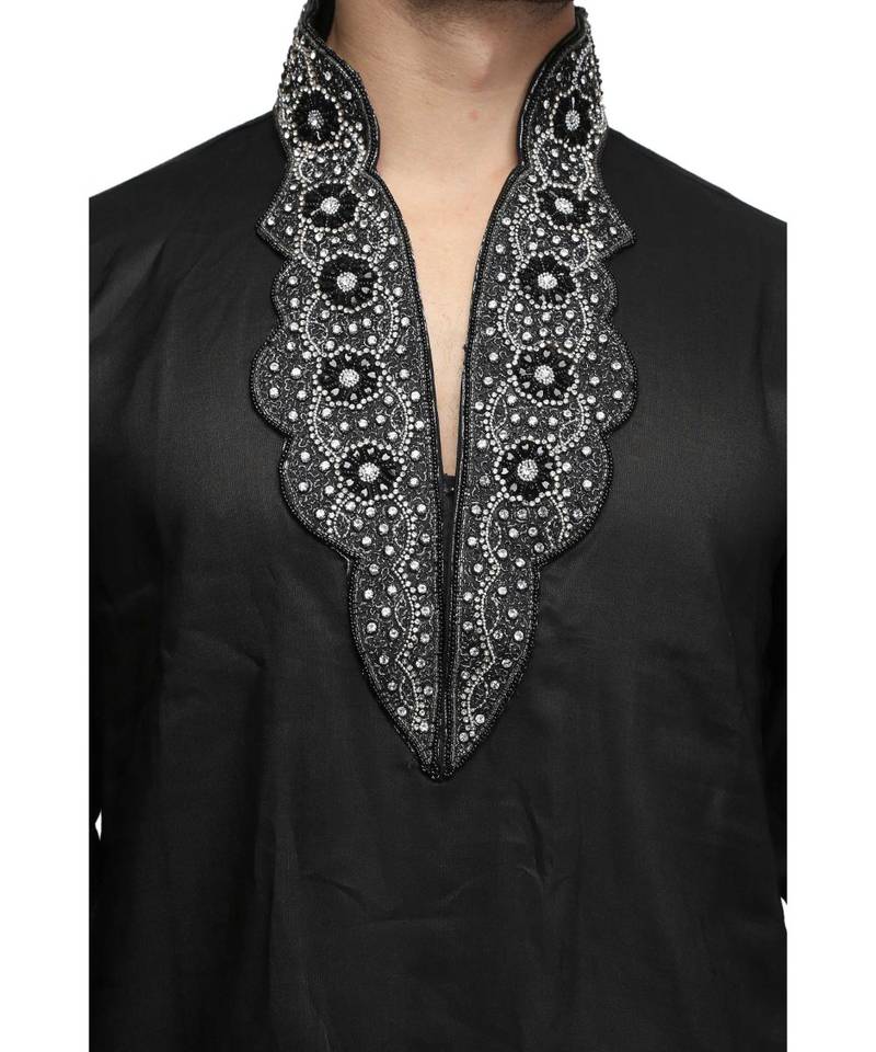 Black silk printed stitched   mens kurta