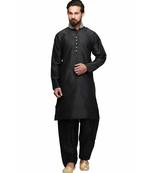 Black silk embroidered   stitched   mens kurta
