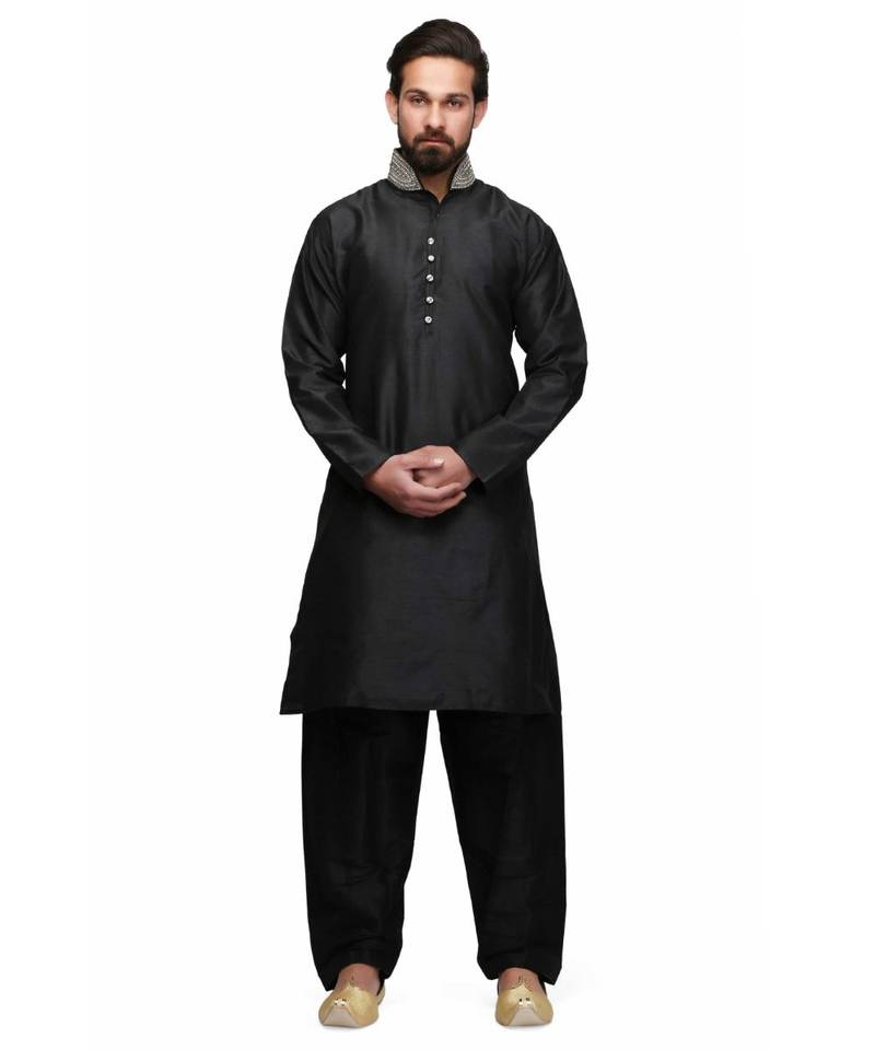 Black silk embroidered   stitched   mens kurta