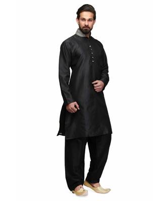Black silk embroidered   stitched   mens kurta 3