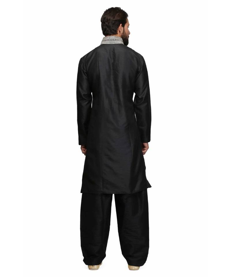 Black silk embroidered   stitched   mens kurta
