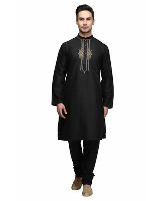 Black Cotton embroidered   stitched   mens kurta 1