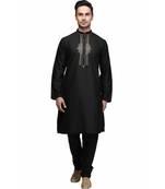 Black Cotton embroidered   stitched   mens kurta